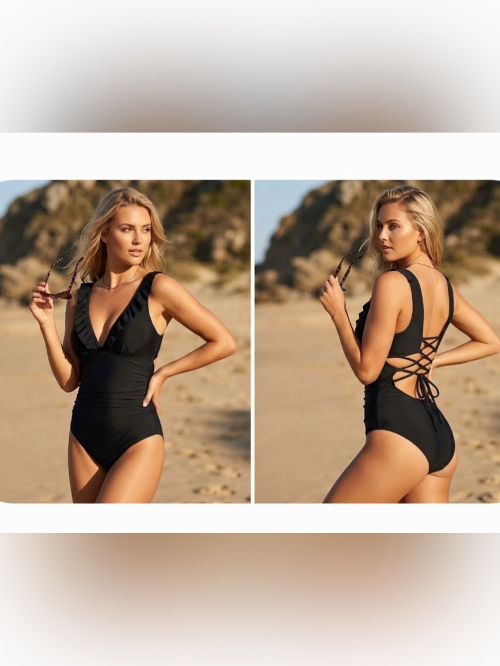Women’s Black Lace-Up Ruffles One-Piece‎ Tummy Control Swimsuit NWT